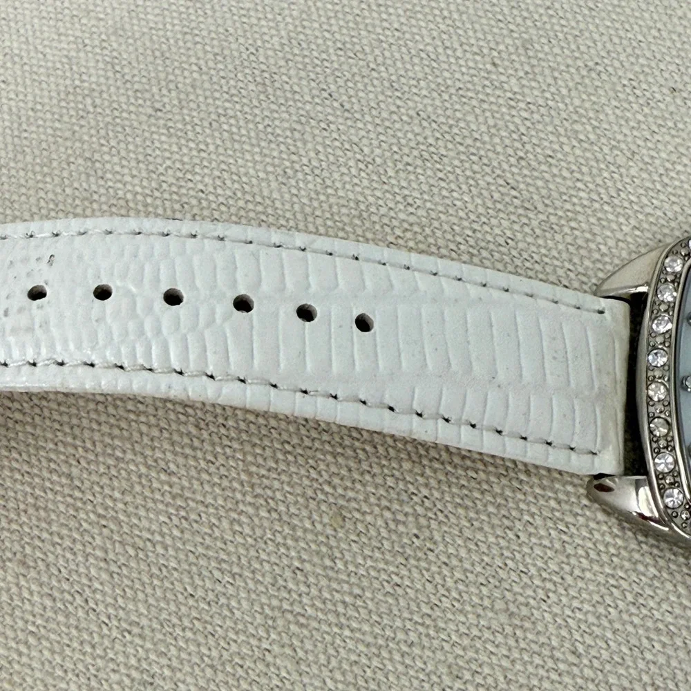 Joan Rivers Classics Watch WORKS White Leather Rhinestone Bezel‎ Date Quartz